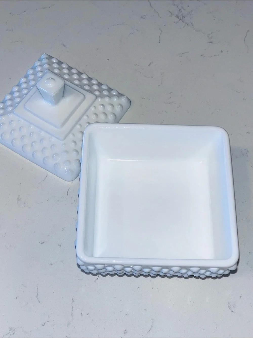Vintage Fenton hobnail pedestal footed square candy dish wedding bowl milk glass